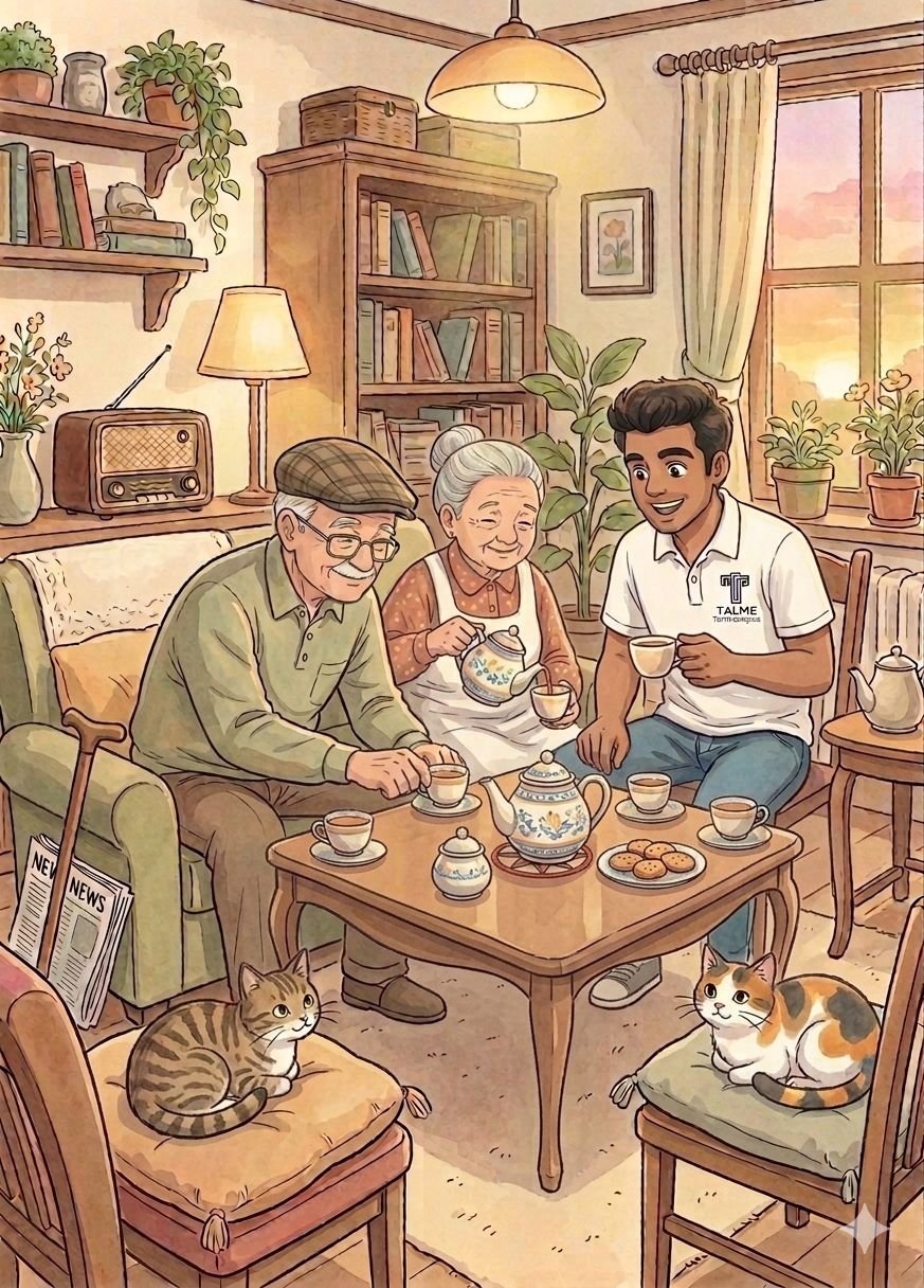 Young companion helping a senior with technology