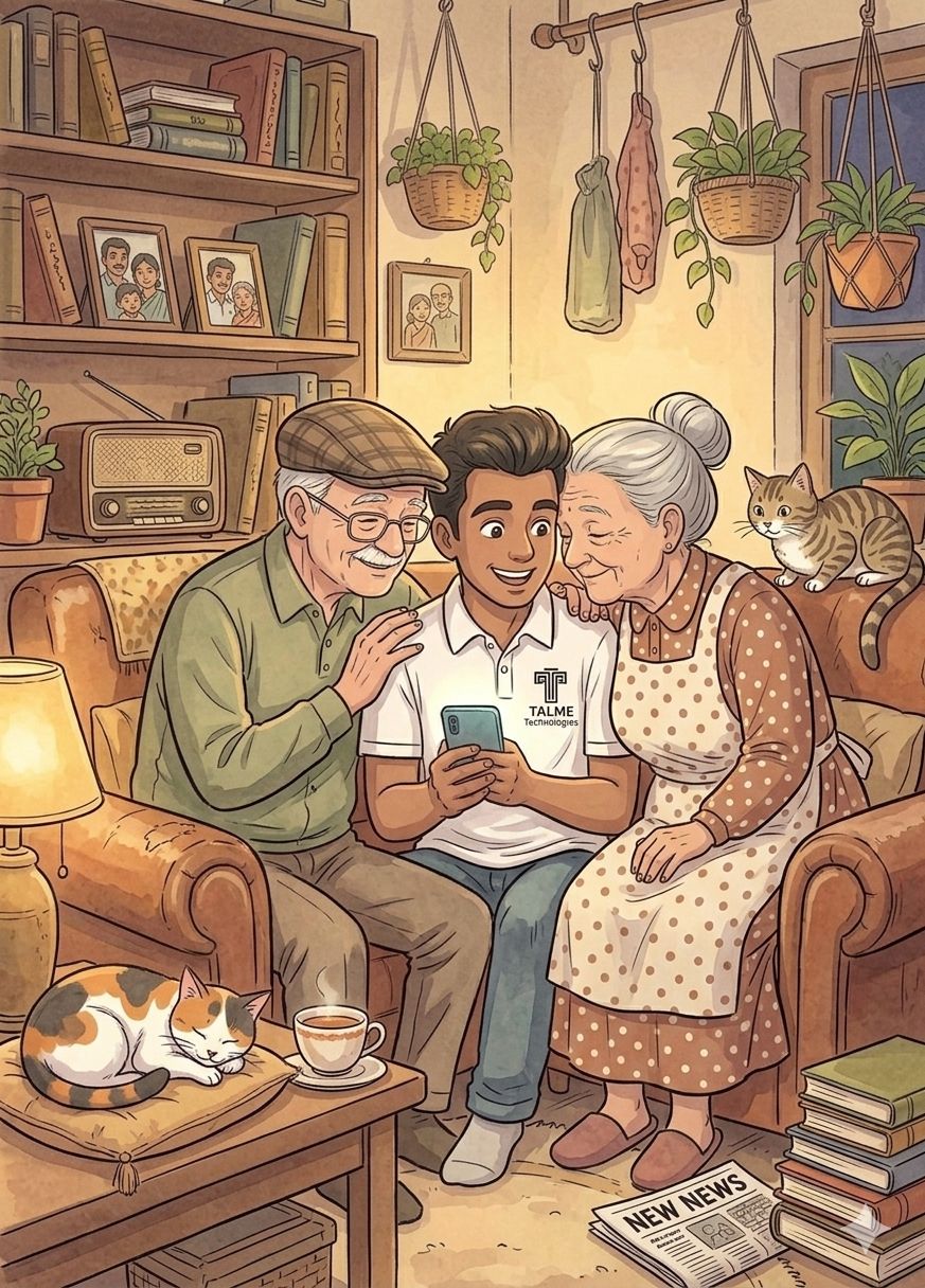 Young companion helping grandmother with a phone